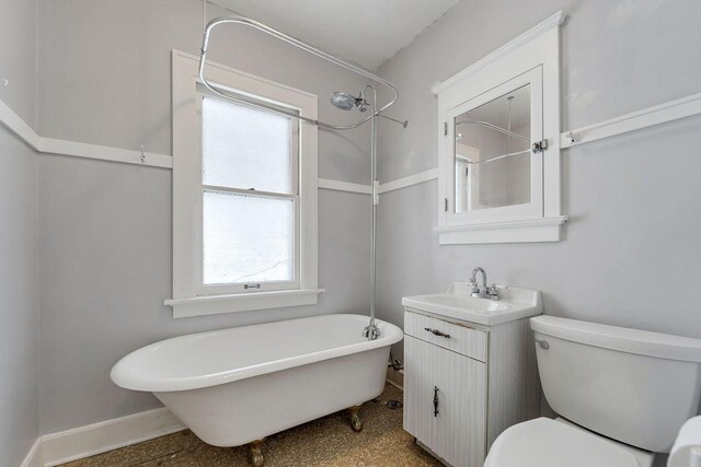 full bathroom featuring vanity, a freestanding bath, and toilet
