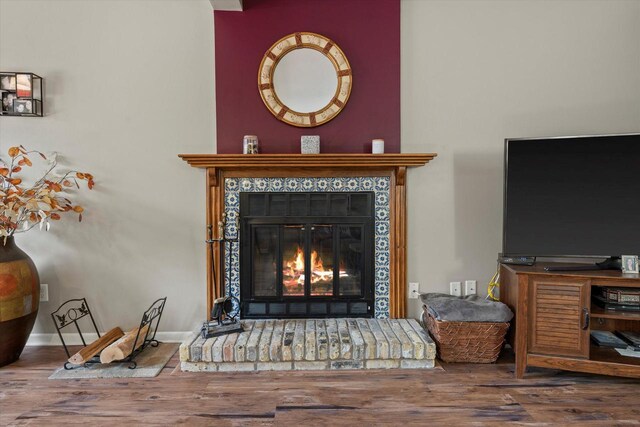 room details featuring a glass covered fireplace and wood finished floors