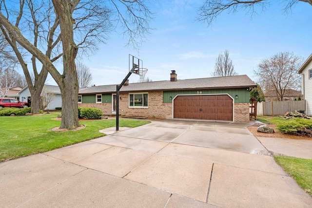 ranch-style house with a garage, a front lawn, fence, brick siding, and driveway