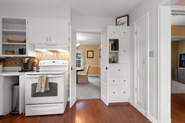 kitchen with open shelves, electric range, dark wood-style floors, range hood, and tasteful backsplash
