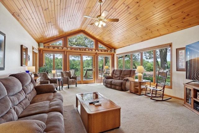W11027B County Road O, Portage, WI 53901 - carpeted living room with ceiling fan, baseboards, high vaulted ceiling, and wooden ceiling