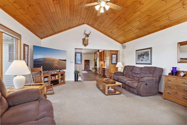 W11027B County Road O, Portage, WI 53901 - living room featuring a ceiling fan, carpet, vaulted ceiling, and wooden ceiling