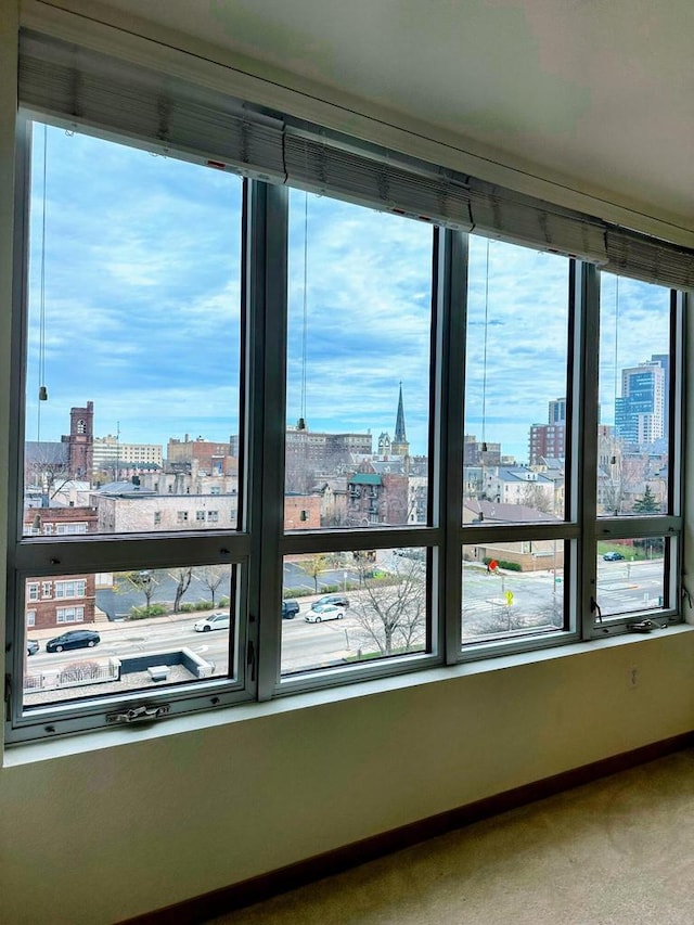interior details featuring baseboards, a city view, and carpet flooring