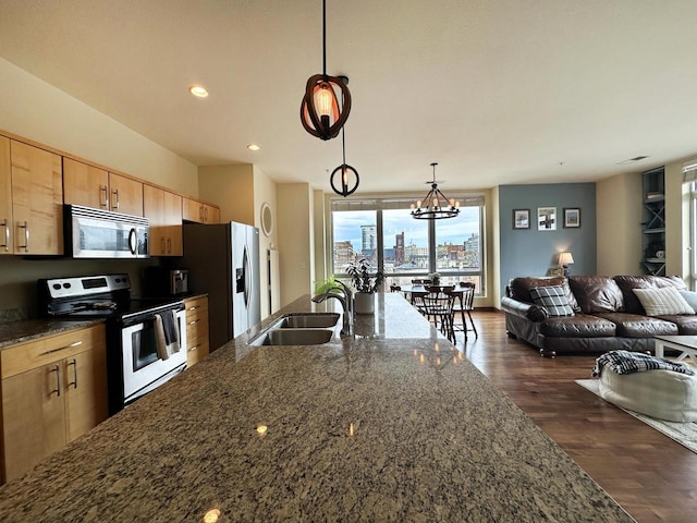 kitchen with dark wood-style flooring, appliances with stainless steel finishes, light brown cabinetry, a sink, and open floor plan