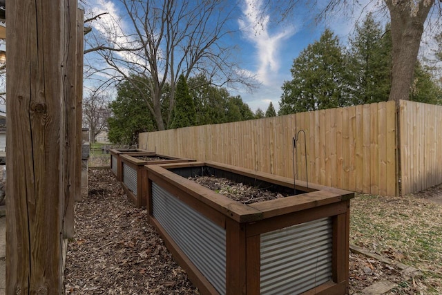 exterior space with fence and a vegetable garden