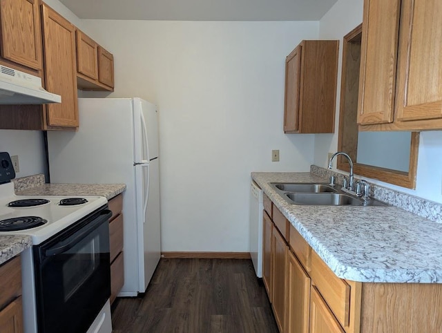 kitchen with range with electric stovetop, dark wood-style flooring, a sink, light countertops, and under cabinet range hood