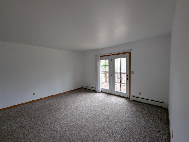 empty room with baseboards, a baseboard radiator, and light carpet