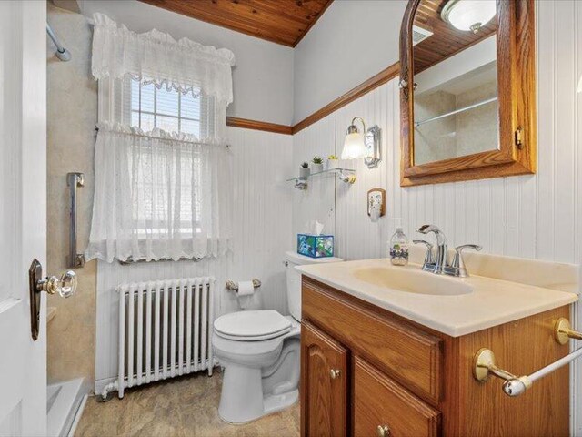 full bathroom featuring toilet, walk in shower, wood ceiling, and radiator