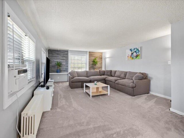 carpeted living room with radiator heating unit, baseboards, and a textured ceiling