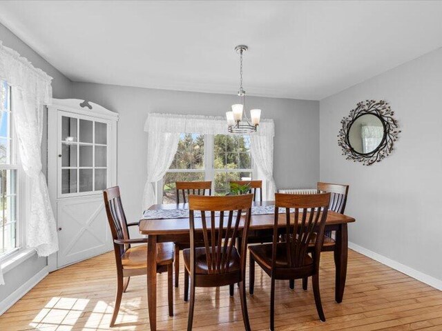 dining room with baseboards, light wood-style flooring, a chandelier, and a wealth of natural light