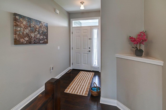 foyer with baseboards and dark wood-type flooring