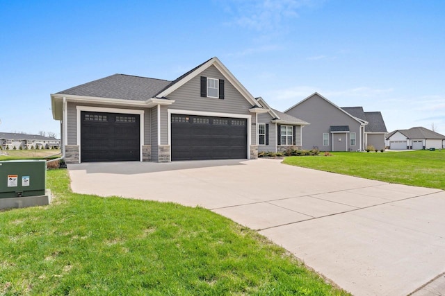 craftsman-style house featuring an attached garage, driveway, a front lawn, and stone siding
