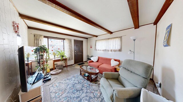 carpeted living room featuring beamed ceiling
