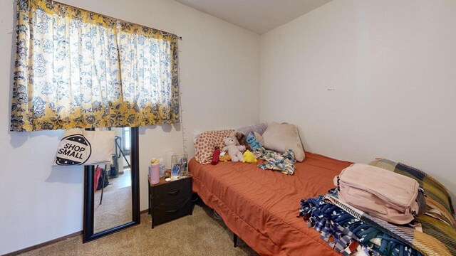 bedroom featuring baseboards and light carpet