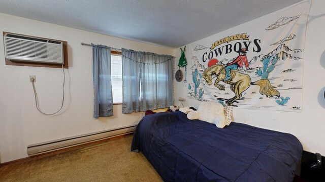 bedroom featuring a wall mounted air conditioner, carpet floors, a textured ceiling, baseboards, and a baseboard radiator