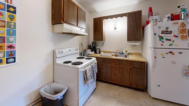 kitchen with a sink, light countertops, under cabinet range hood, and white appliances