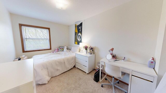bedroom featuring light carpet