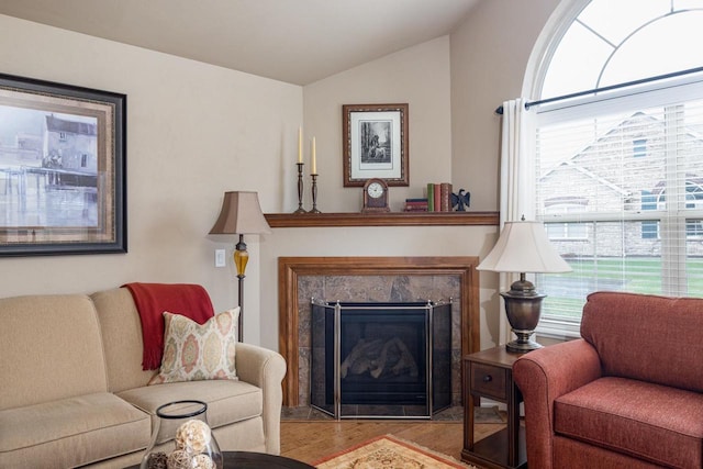 living area featuring wood finished floors, lofted ceiling, and a fireplace