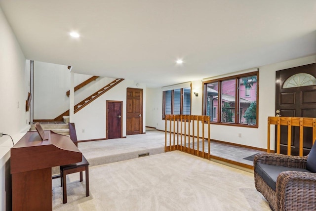 W10134 Schiefelbein Rd, Poynette, WI 53955 - interior space featuring carpet, stairs, recessed lighting, baseboards, and visible vents