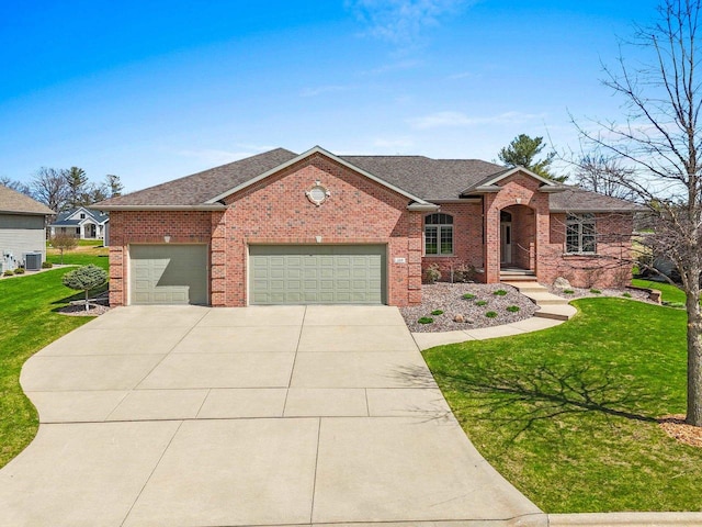 ranch-style house with brick siding, a front lawn, and an attached garage