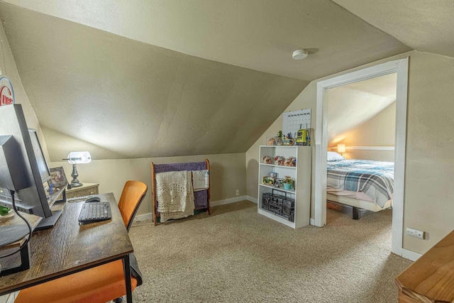304 Mitchell St, Belleville, WI 53508 - home office featuring baseboards, vaulted ceiling, and carpet