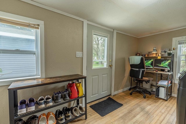304 Mitchell St, Belleville, WI 53508 - home office featuring wood-type flooring, a textured ceiling, a textured wall, and baseboards