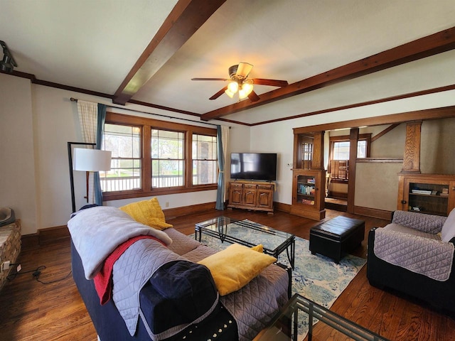 living room featuring baseboards, beam ceiling, and a wealth of natural light