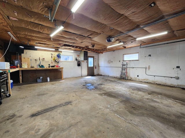 garage with a workshop area