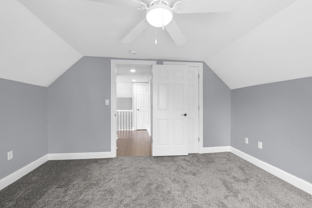 bonus room with a ceiling fan, baseboards, recessed lighting, carpet flooring, and vaulted ceiling