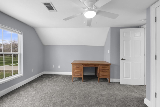 unfurnished office featuring baseboards, visible vents, and carpet