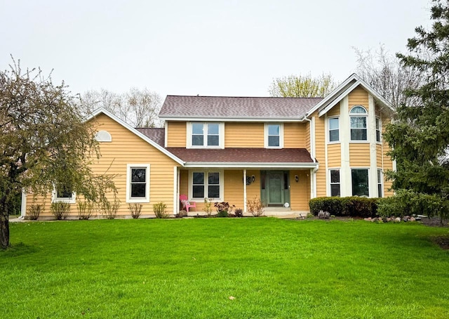 traditional-style home with a porch, a shingled roof, and a front yard