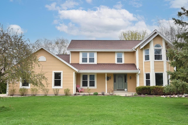 traditional-style home featuring a porch, roof with shingles, and a front yard