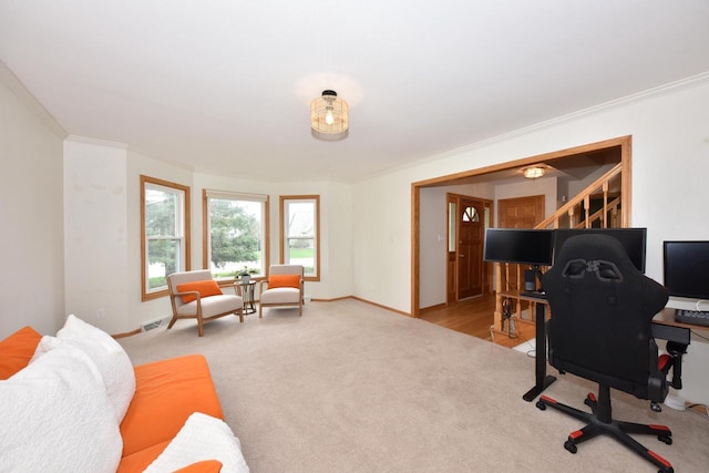 office area featuring crown molding, baseboards, and light carpet