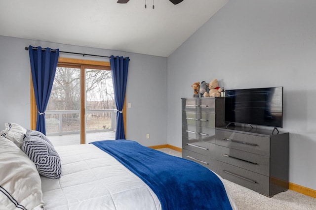 4175 Twilight Ct, Oshkosh, WI 54904 - carpeted bedroom with access to outside, baseboards, ceiling fan, and lofted ceiling