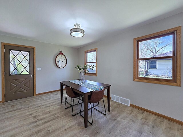 dining area with visible vents, baseboards, and light wood finished floors