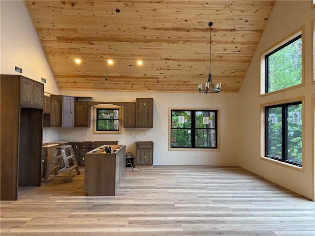 6069 Elsie Rd, Stone Lake, WI 54876 - kitchen with wood ceiling, high vaulted ceiling, light wood-type flooring, dark brown cabinetry, and a chandelier