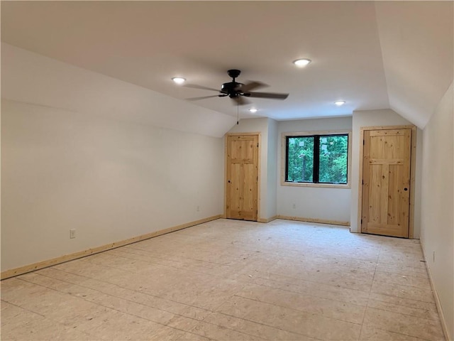 6069 Elsie Rd, Stone Lake, WI 54876 - empty room featuring lofted ceiling, ceiling fan, and recessed lighting