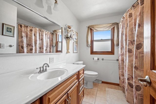 full bath with toilet, tile patterned floors, visible vents, and vanity