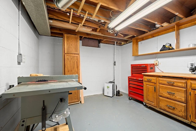 below grade area featuring concrete block wall and a workshop area