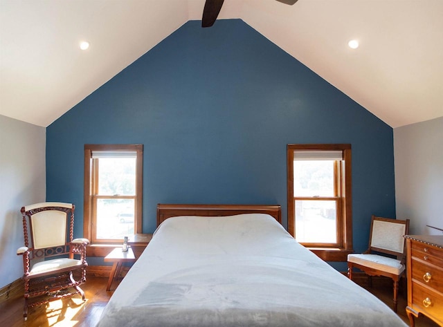 1694 Washington St, Verona, WI 53593 - bedroom featuring wood finished floors, high vaulted ceiling, recessed lighting, ceiling fan, and baseboards