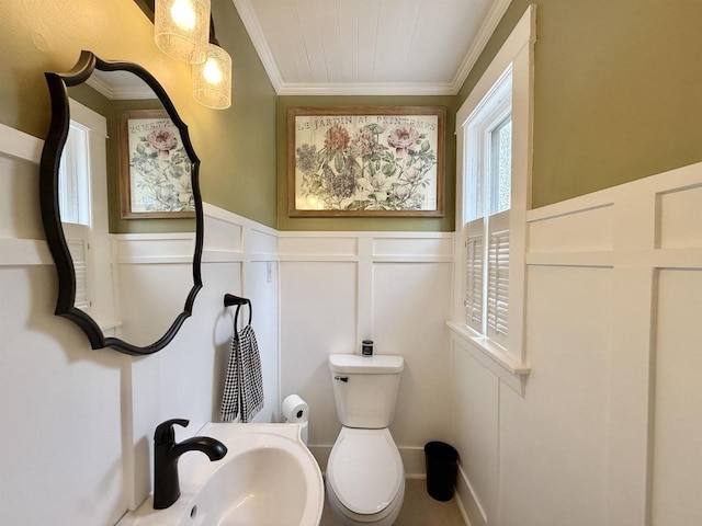 852 Sherwood Dr NW, Beloit, WI 53511 - half bathroom with wainscoting, a sink, a decorative wall, toilet, and ornamental molding