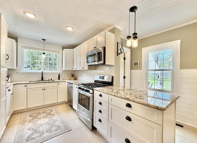 852 Sherwood Dr NW, Beloit, WI 53511 - kitchen featuring stainless steel appliances, light stone counters, wainscoting, and a wealth of natural light