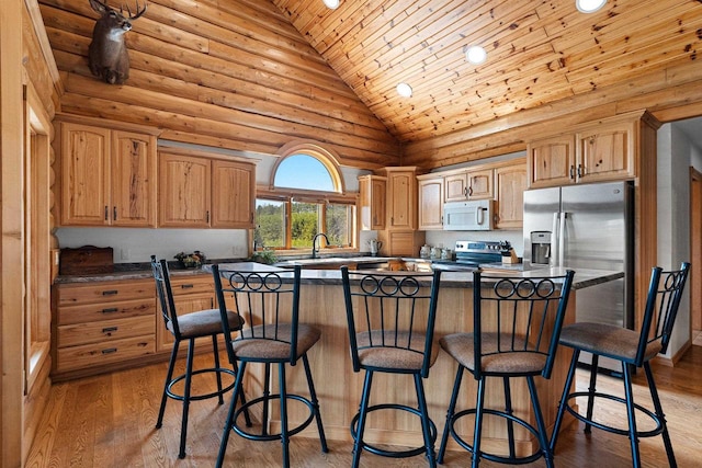 kitchen with light wood-type flooring, wood ceiling, a center island, and stainless steel appliances