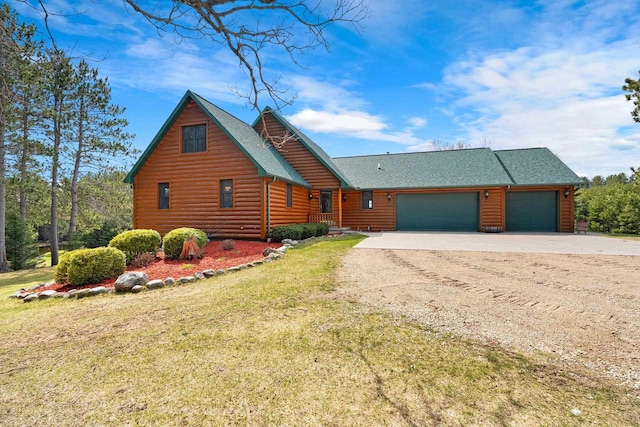view of front of house with an attached garage, concrete driveway, faux log siding, and a front lawn