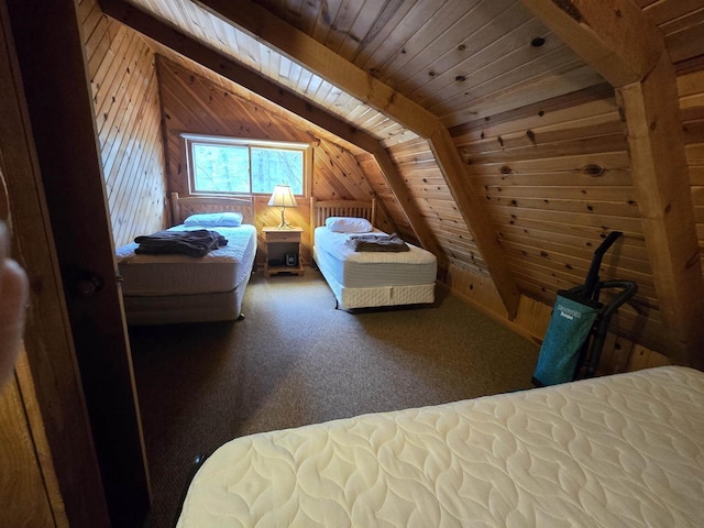 bedroom featuring carpet floors, wood ceiling, lofted ceiling, and wooden walls