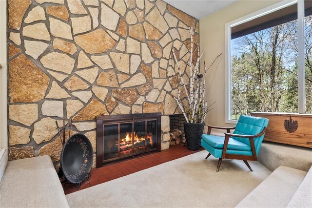 1206 Pinecrest Ln, New Richmond, WI 54017 - living area featuring carpet floors, plenty of natural light, and a fireplace
