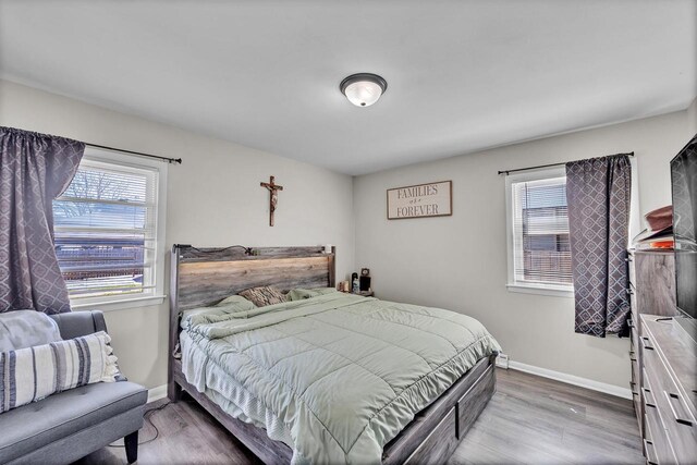 bedroom featuring baseboards, multiple windows, and wood finished floors