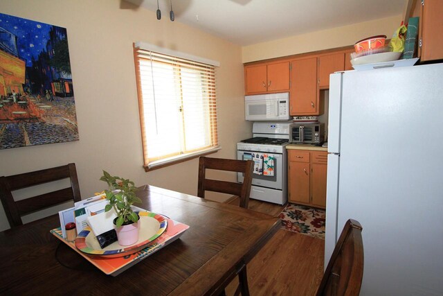 kitchen with white appliances, a ceiling fan, wood finished floors, and a toaster