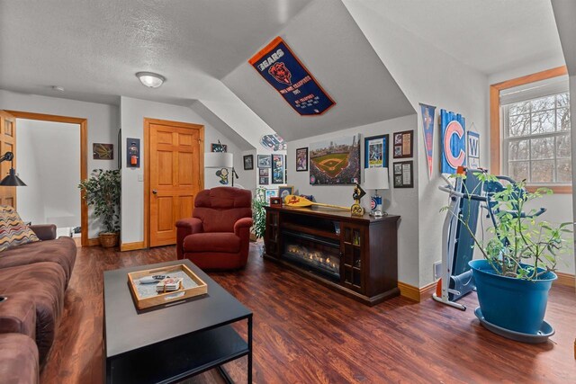 living area featuring baseboards, a textured ceiling, wood finished floors, and vaulted ceiling