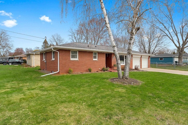 single story home with brick siding, driveway, a front lawn, and a garage